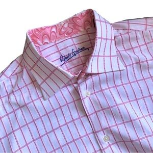 Robert Graham Pink Stripe Flip Cuff Button Front Cotton Shirt Size XL 17.5
